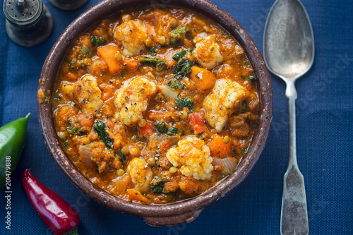Vegetable dhal - lentil dhal with cauliflower, carrot, brown lentils in spicy curry sauce