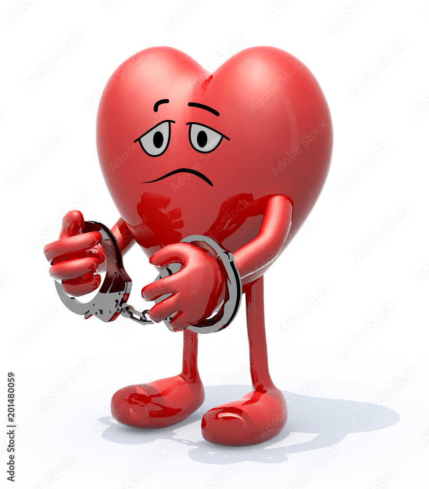 heart with arms, legs, face and handcuffs on hands heart with arms, legs, face and handcuffs on hands
