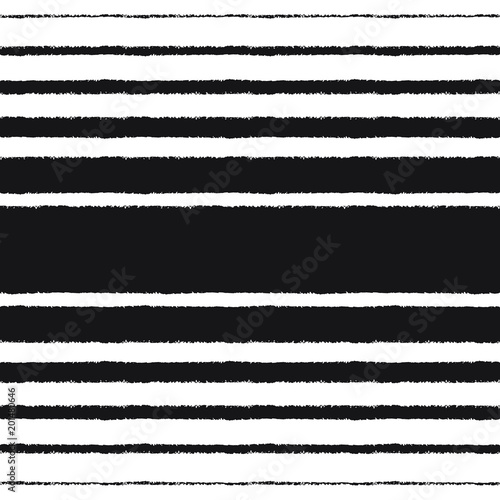 Black stripes, streaks, bars of different width on white background. Vector seamless repeat pattern. Brush or chalk drawn - rough, artistic edges. Striped monochrome texture with space for text.