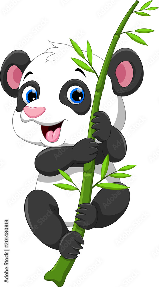 Fototapeta premium Cute baby panda hanging on a bamboo tree