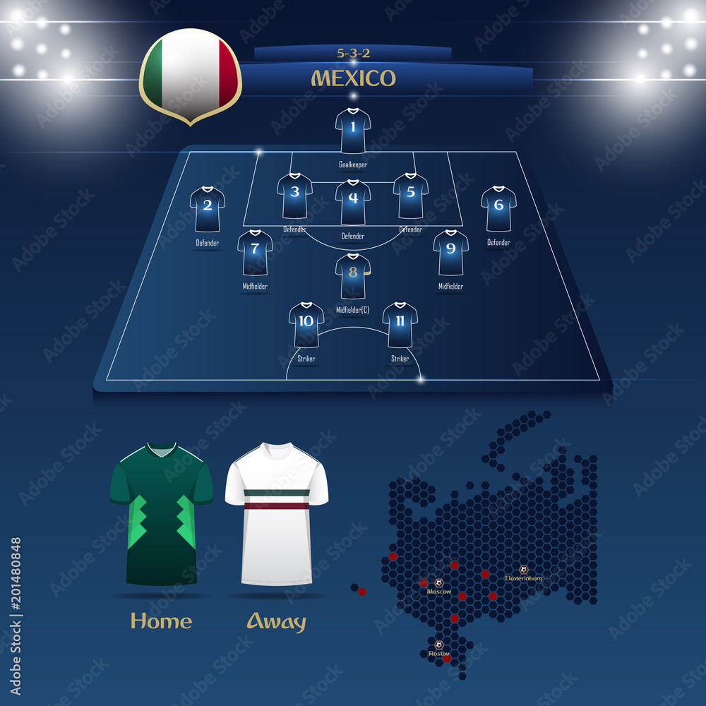 Naklejka premium Team Mexico soccer jersey or football kit with match formation tactic infographic. Football player position on football pitch and stadium map. Vector Illustration.