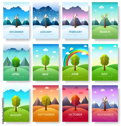 12 Months of the Year. Weather year information set. Seasons banners. Infographic concept background. Layout illustrations template pages with typography text