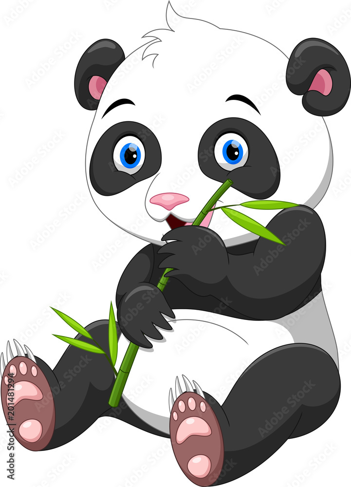 Obraz premium Cute baby panda z bambusa na białym tle