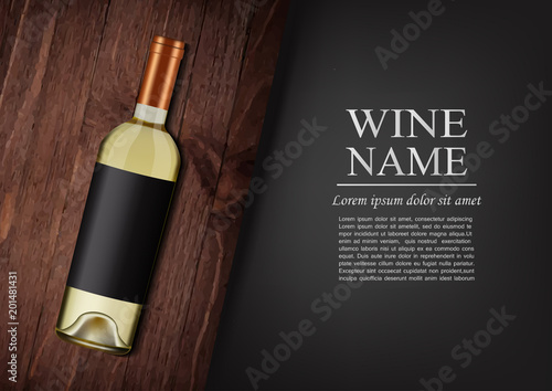 Advertising banner.A realistic bottle of white wine with black label in photorealistic style on wooden dark board,black background like chalk board,text.Wine presentation brochure.Vector illustration photo