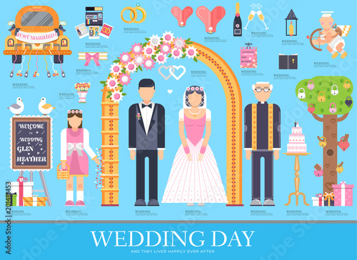 Flat wedding illustration thin line icon set. Vector happy marriage concept background