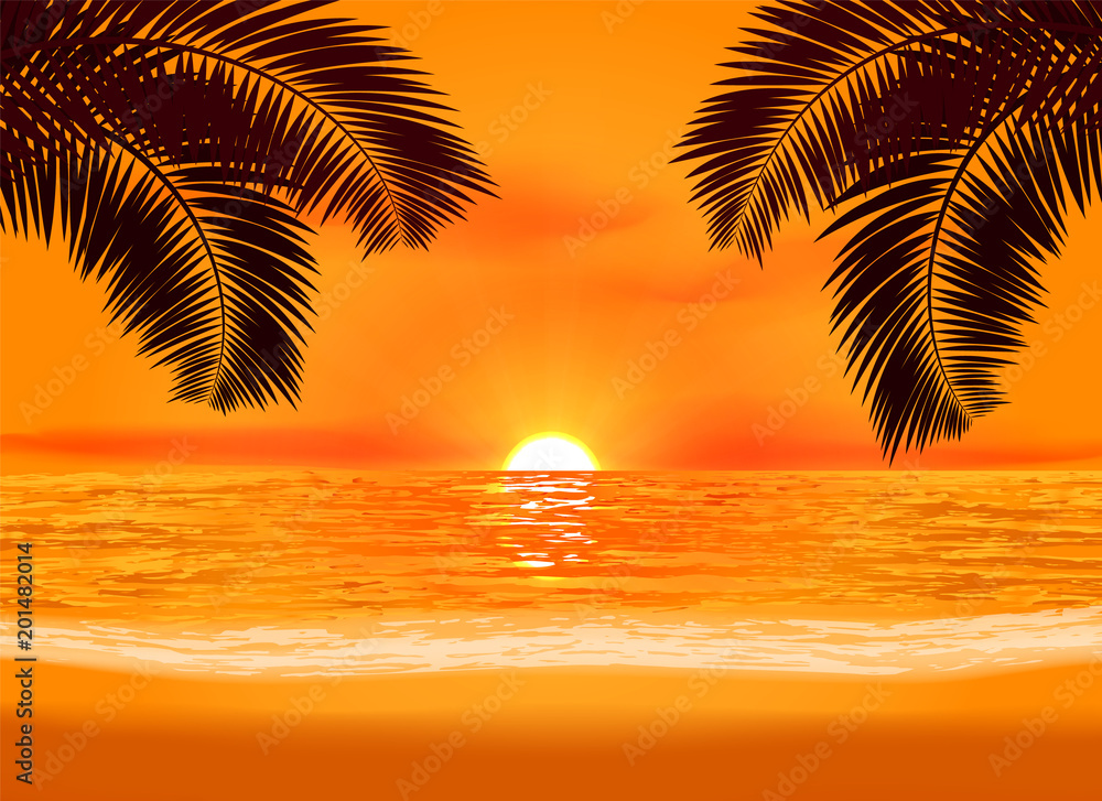 Relaxation glowing sunset on a tropical beach illustration. Seasonal evening background