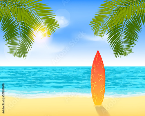 Surfboard standing on a sandy beach near a sea. Bright summer vacation background with sea view and palms