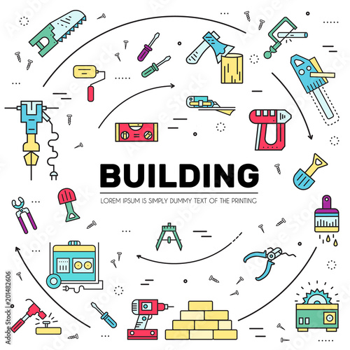 Collection of working tools icons items design. Construction instruments with any elements set. Diy, building, work outline illustrations vector background. Process image on thin line style concept