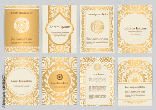 Vector templates for A4 with florals in beige, gold colors