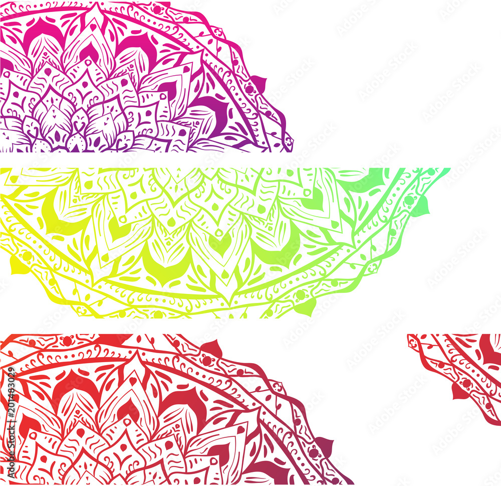 White banners with colorful mandalas.