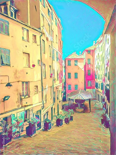 Colorful vintage Italian courtyard. Big size oil painting pictorial art. Modern impressionism drawing artwork. Creative artistic print for canvas or textile. Wallpaper, poster or postcard design.