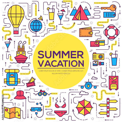 Summer travel trip infographic icons items design. Vacation rest with any elements set. Tour, journey outline illustrations vector background. Tourist image on thin line style concept