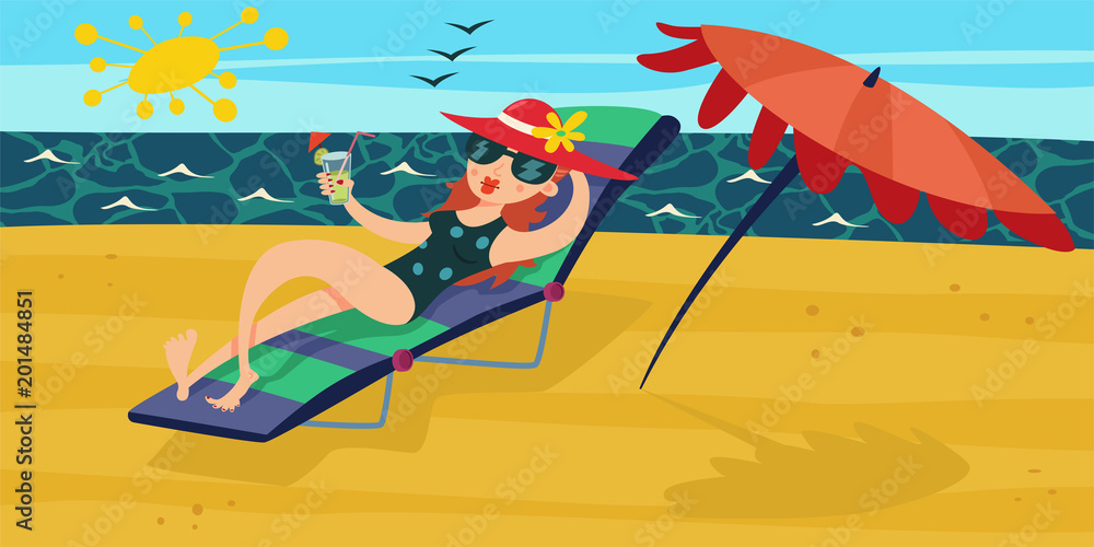 Summer beach. Vacation at the sea. Girl with cocktail in her hand, which relax on a deckchair wiht a sun umbrella. Vector cartoon illustration.