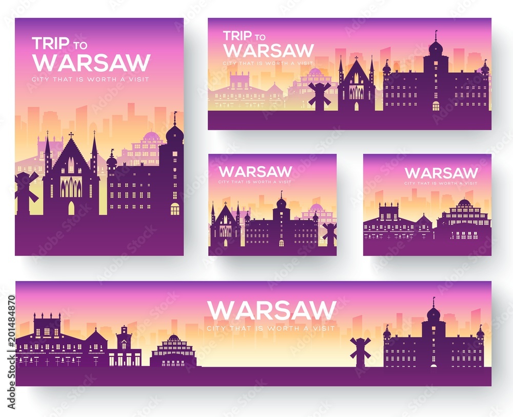 Set of Warsaw landscape country ornament travel tour concept. Culture Poland traditional, magazine, book, poster, abstract, element. Vector decorative ethnic greeting card or invitation background