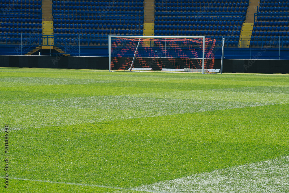 Obraz premium On the stadium. Soccer ball on green arena