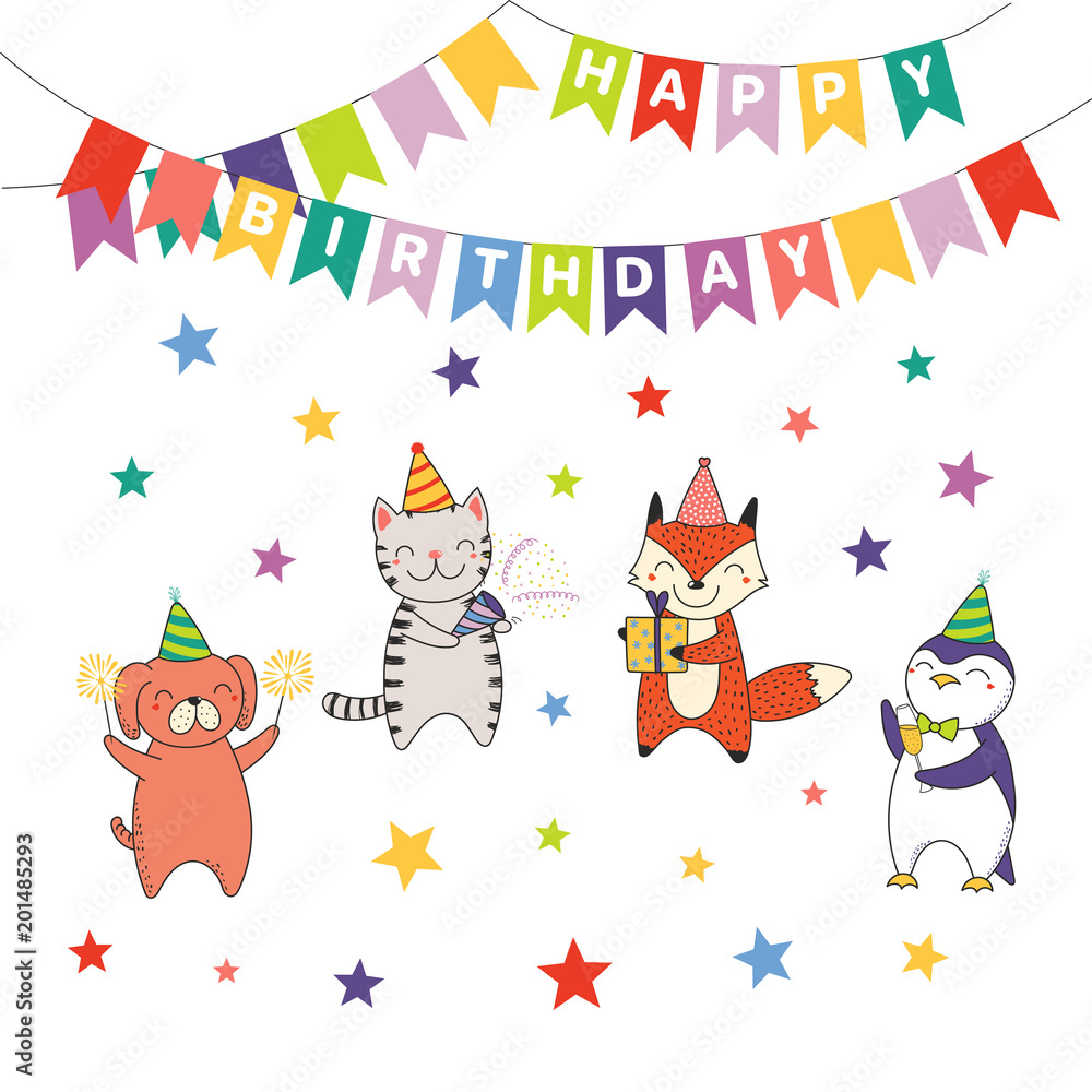 Hand drawn Happy Birthday greeting card, banner template with cute funny cartoon animals celebrating, typography. Isolated objects on white background. Vector illustration. Design concept for party.