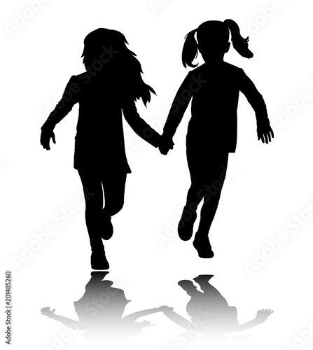 two preschooler girls holding hands and running silhouettes - vector
