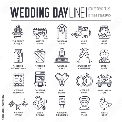Flat wedding illustration thin line icon set. Vector happy marriage outline concept background