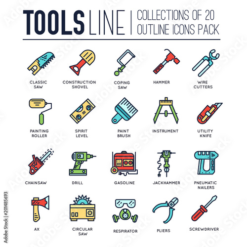 Collection of working tools icons items design. Construction instruments with any elements set. Diy, building, work outline illustrations vector background. Process image on thin line style concept