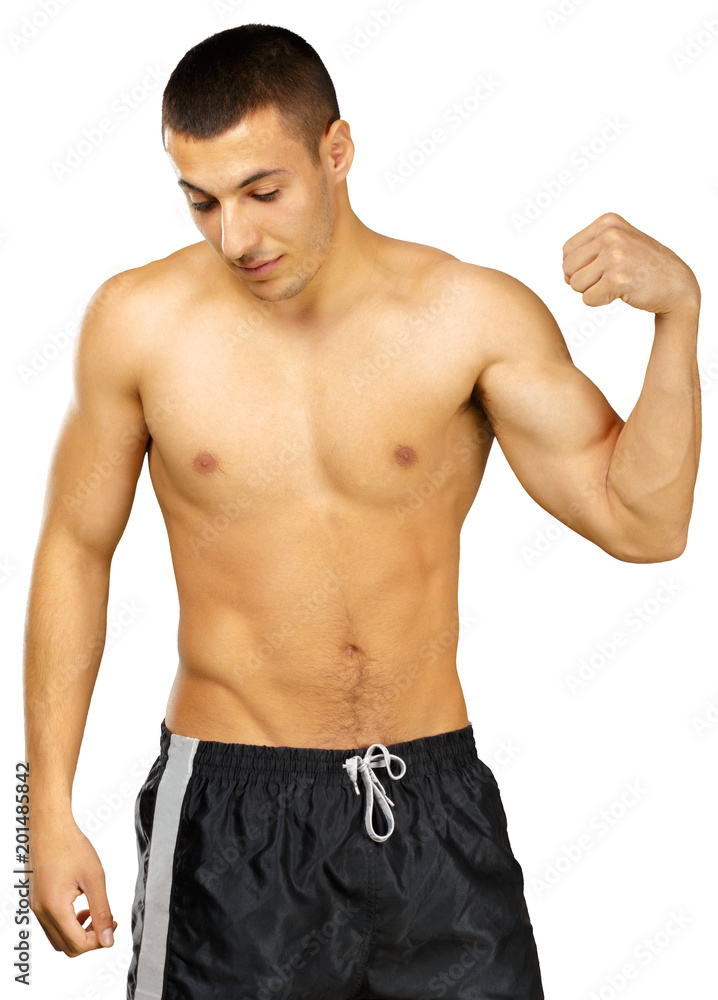 Topless young man bodybuilder posing isolated on white background Topless young man bodybuilder posing isolated on white background