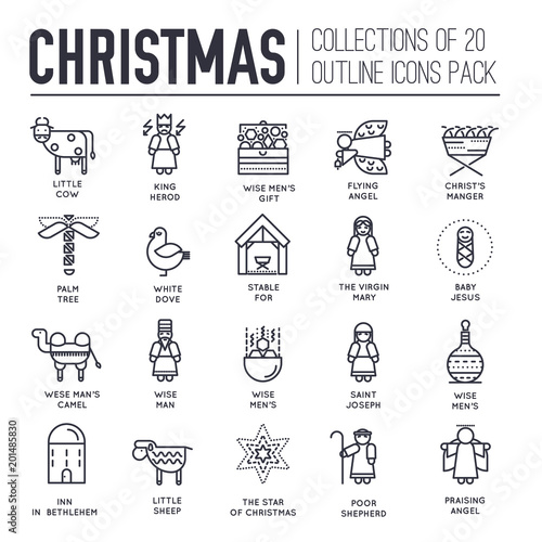 Merry Christmas thin line icons flat set background. Outline birth of Christ illustration background concept.