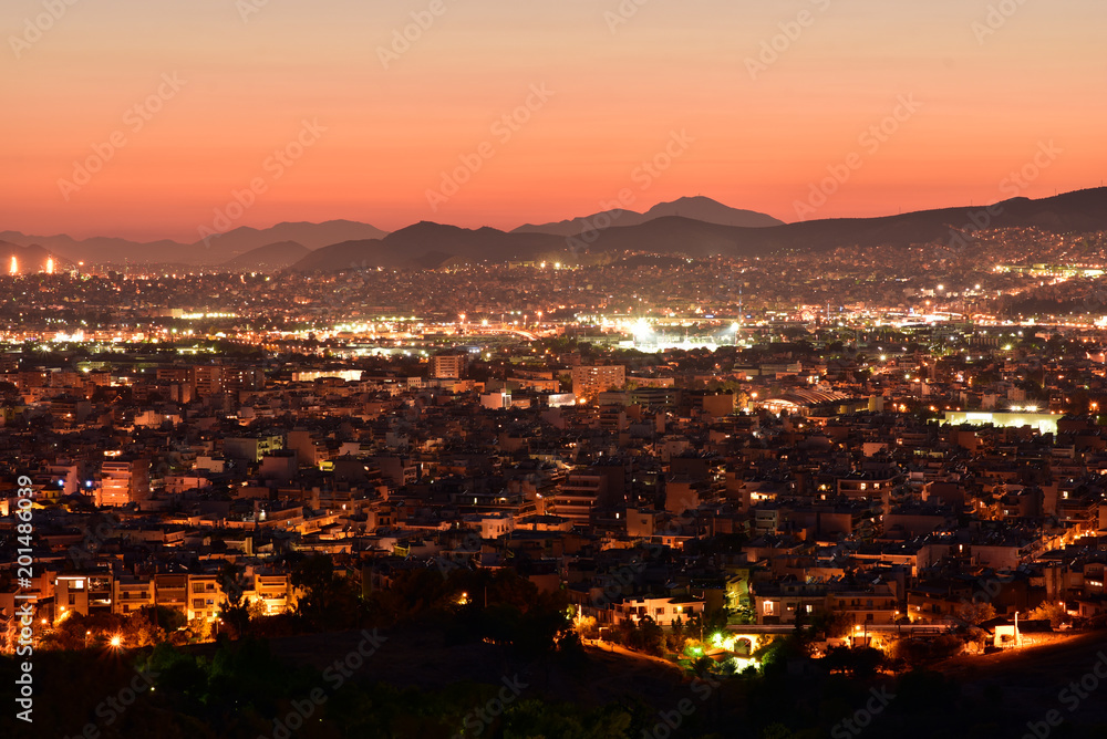 Panoramic view of Athens, Greece, right after sunset
