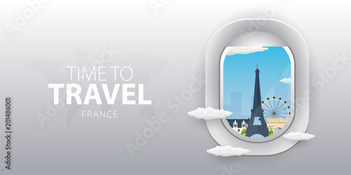 View from airplane. Flight window. France. Flat web vector banner