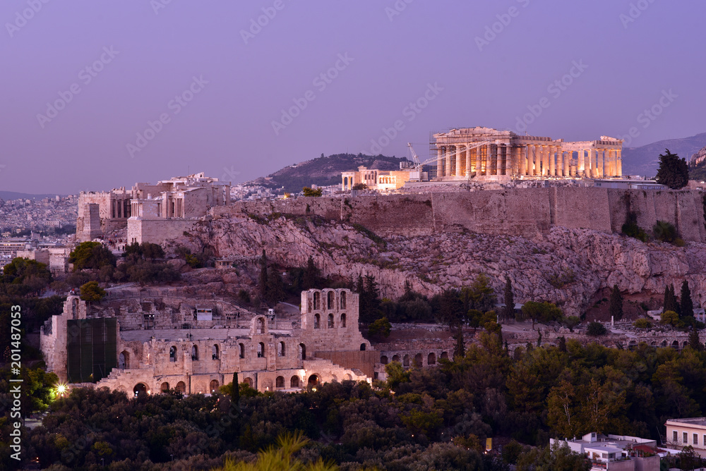 Athens. Panoramic view of the Acropolis from Philapoppos Hill. Sunset, Attica, Greece