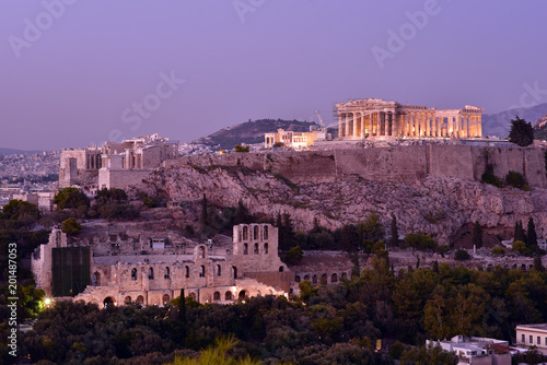 Fototapeta Naklejka Na Ścianę i Meble -  Athens. Panoramic view of the Acropolis from Philapoppos Hill. Sunset, Attica, Greece