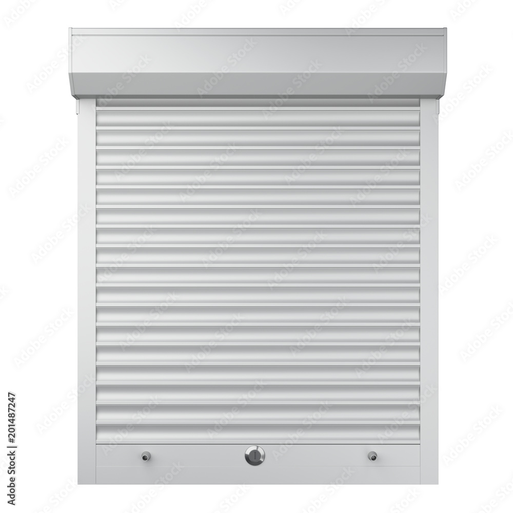 White metal closed roller shutter. Front view. White metal closed roller shutter. Front view.