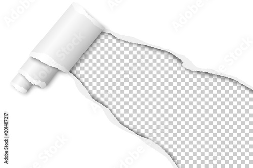 Diagonally snatched middle of white paper with torn edges, shadows, paper curl and transparent background of resulting hole. Vector template paper design.