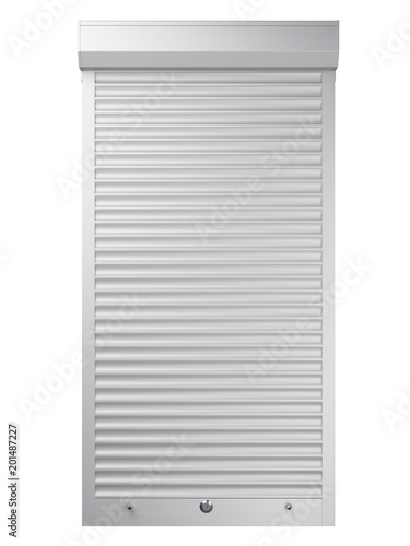 White closed roller shutter. Front view.