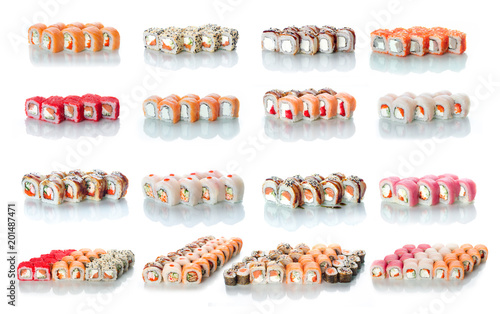 the sets of rolls of sushi collage a lot different on a white background in different colors for the menu or website