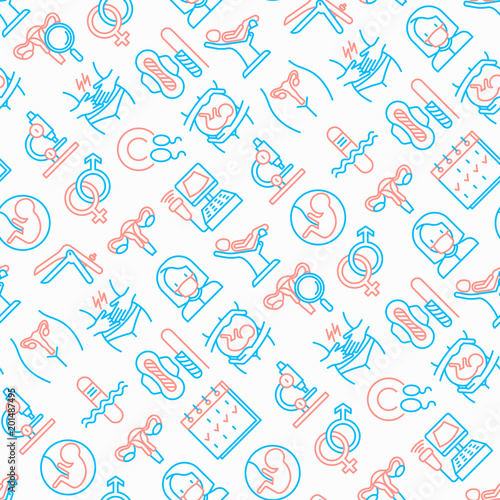 Gynecologist seamless pattern with thin line icons: uterus, ovaries, gynecological chair, pregnancy, ultrasound, sanitary napkin, test, embryo, menstruation, ovulation. Modern vector illustration.
