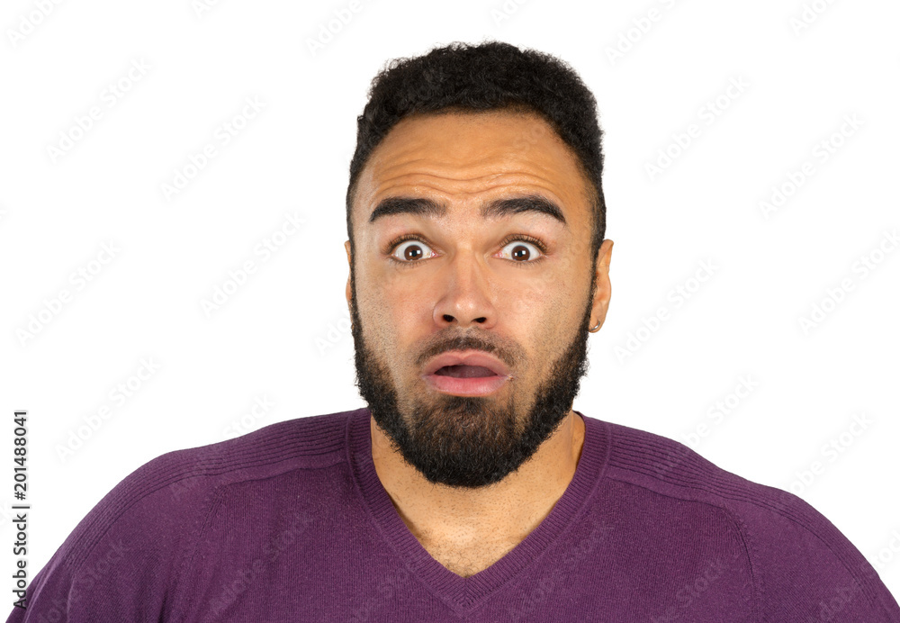 Young black nervous man in fear isolated on white background Young black nervous man in fear isolated on white background