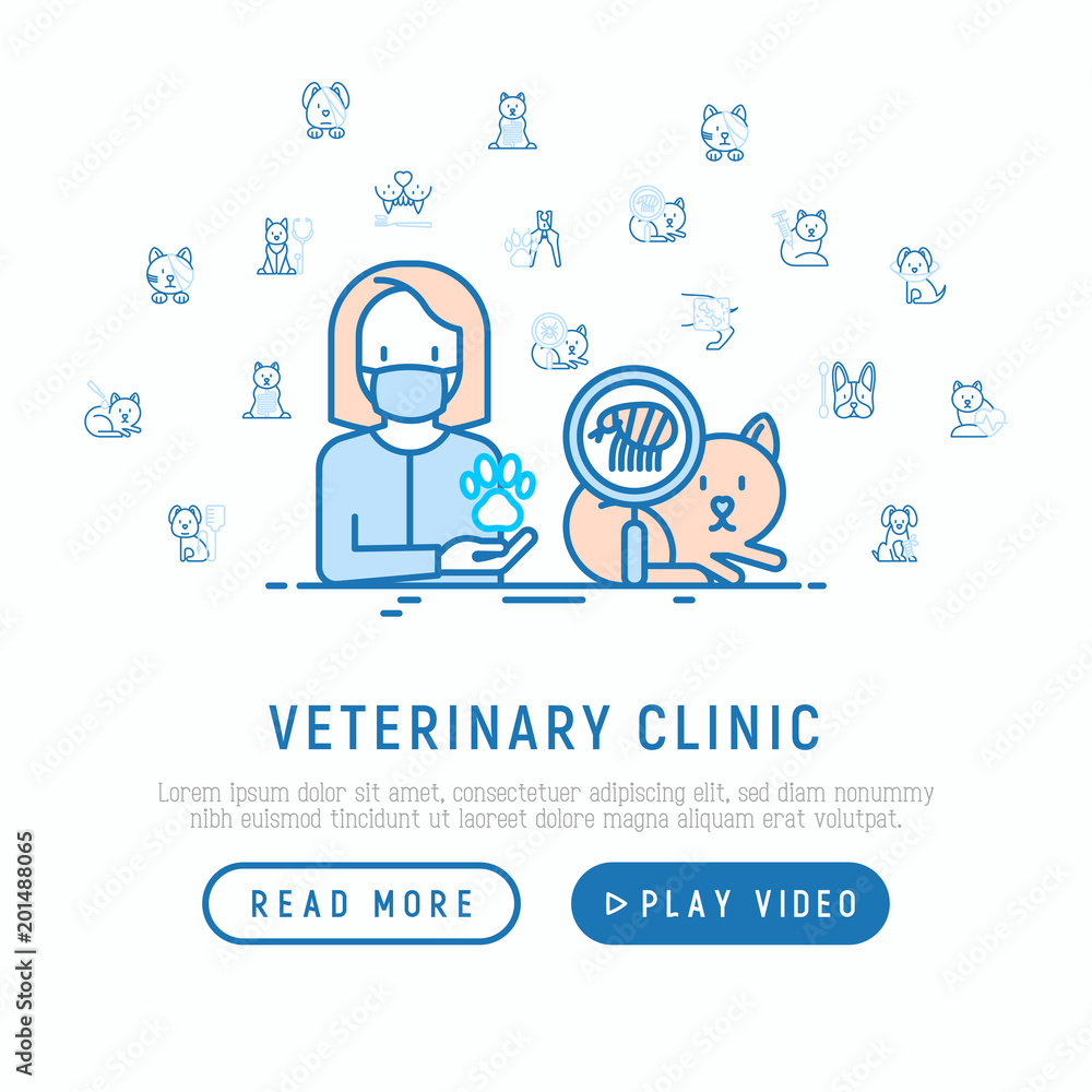 Veterinary clinic concept: treatment from tick and flea for cat. Thin line icons: injection, cardiology, cleaning of ears, teeth, shearing claws, broken leg. Vector illustration, web page template.