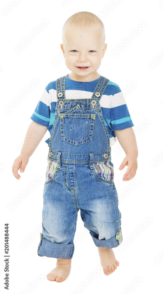 Child Boy Isolated over White Background, Baby one year old Go in Blue Jeans, Happy Smiling Kid Child Boy Isolated over White Background, Baby one year old Go in Blue Jeans, Happy Smiling Kid