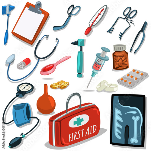 Doctor's tools. Medical surgical equipment: stethoscope, syringe, otoscope, blood pressure meter, first aid suitcase, pills and tablets. Vector set of icons isolated on white background.