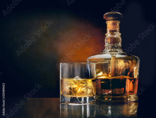 Glass of whiskey and stylish bottle on dark glassy table