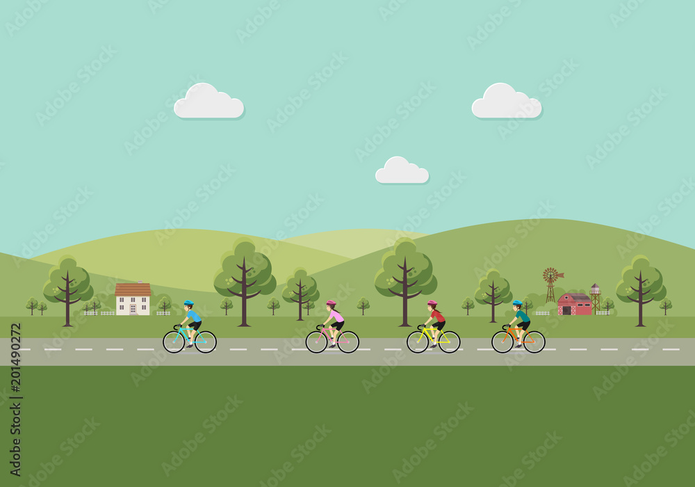 Fototapeta premium Men and women riding bicycles in the countryside.