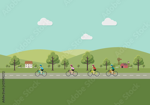 Men and women riding bicycles in the countryside.