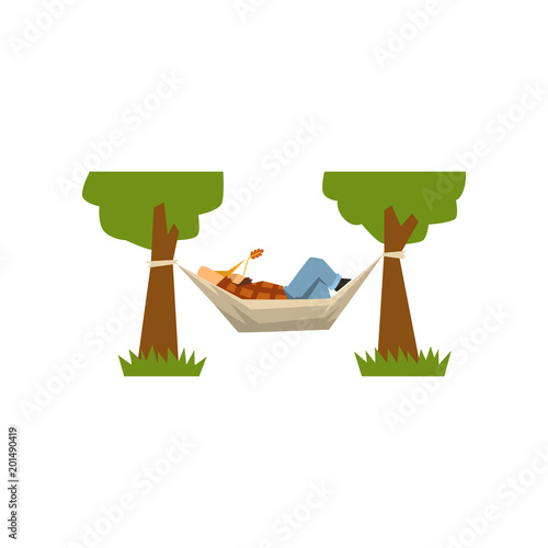 Male farmer lying in a hammock, hammock hanging between green trees vector Illustration on a white background