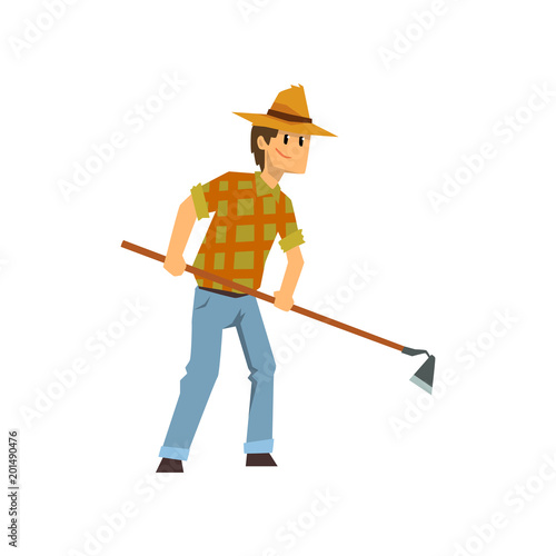 Male farmer working with hoe, farm worker with gardening tool vector Illustration on a white background