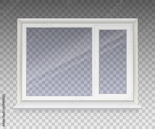 Closed window with transparent glass in a white frame. Isolated on a transparent background. Vector