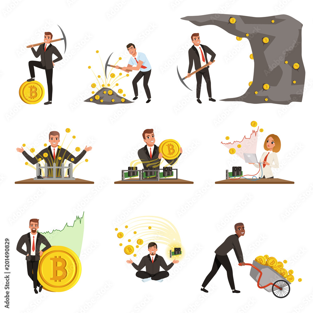 Set of business people extracting cryptocurrency, golden bitcoins. Mining farm. Virtual money and finance theme. Miner of GPU. Flat vector design