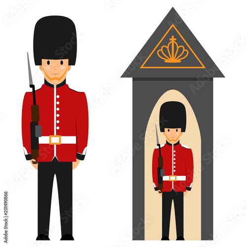 London Queen's guard. Vector flat illustration of a British soldier in uniform with a gun isolated on white background.