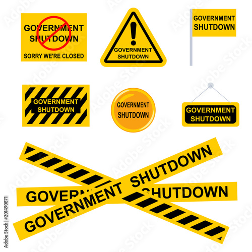 Government shutdown sign. Vector set of black-and-yellow flags, icons, ribbons, stickers isolated on white background.
