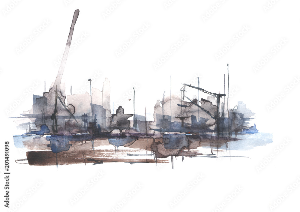 Watercolor art illustration. Beautiful splash of paint, stain, background. Silhouettes industrial city zone,port, building, urban landscape. Watercolor logo, blue, black, purple drawing.