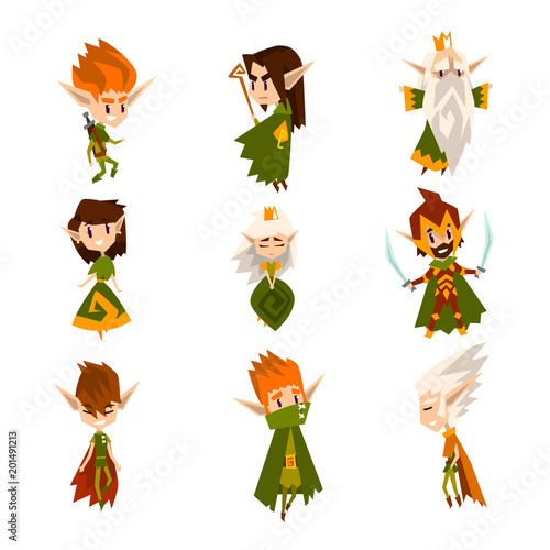 Forest elves set, fairytale magic characters in green clothes vector Illustrations on a white background