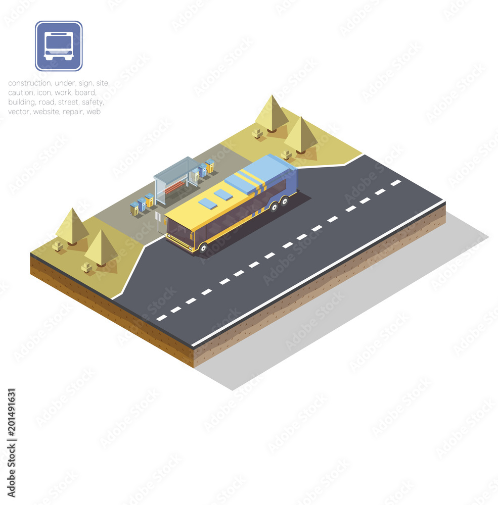 vector isometric bus stop, illustration of transport, road sign icon, yellow 3d bus near bus stop vector isometric bus stop, illustration of transport, road sign icon, yellow 3d bus near bus stop